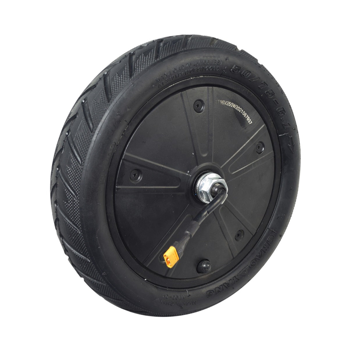 250 Watt Hub Motor & Front Wheel Assembly for GOTRAX GXL V2 & XR Elite Electric Scooters featuring a black tire with directional street tread and integrated motor, showing connectors and screws for easy installation.