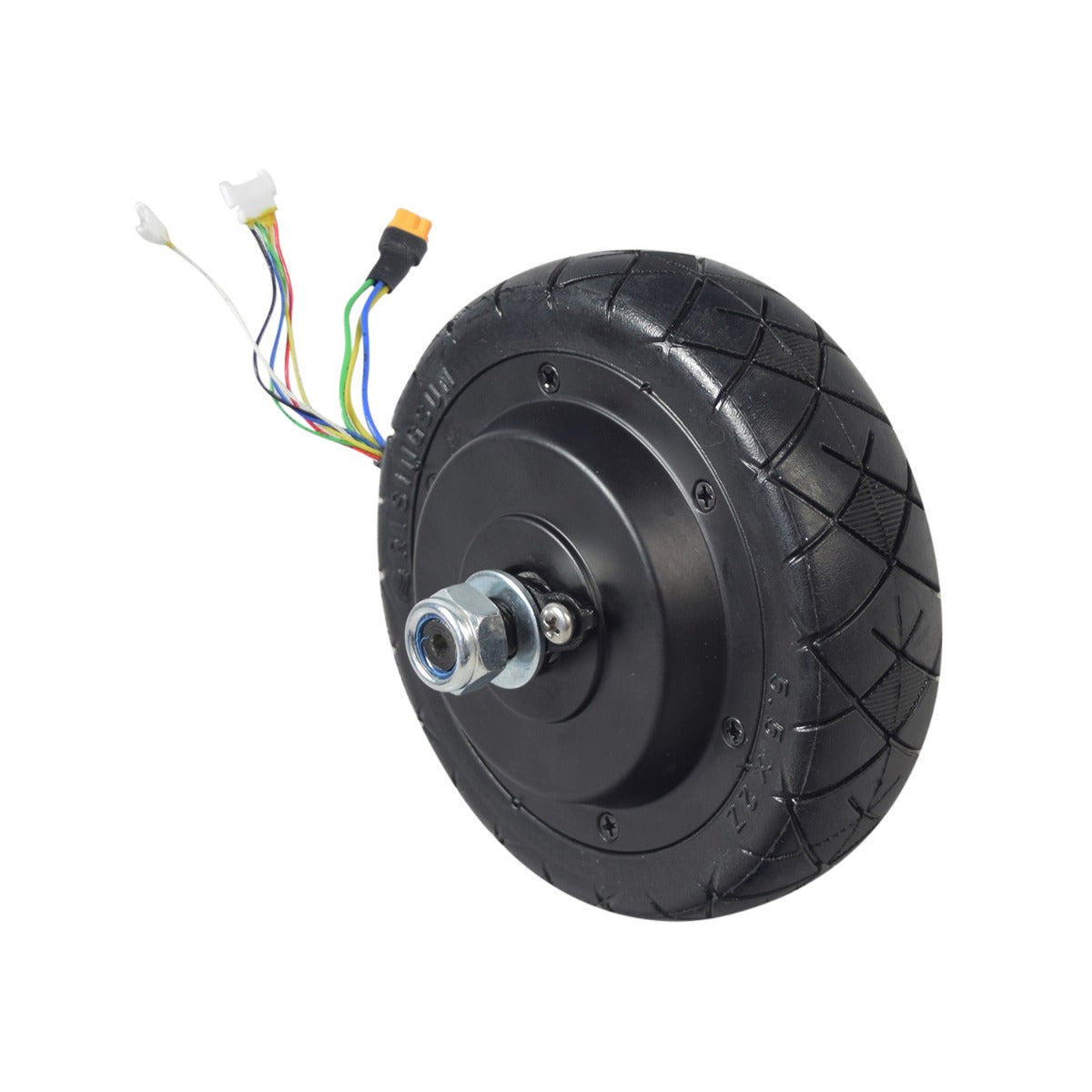 Hub Motor & Rear Wheel Assembly for the Hover-1 Comet Electric Scooter, featuring a 2000-watt motor, solid 5.5x2 tire, and colored wires connected to a cable for efficient city pavement use.