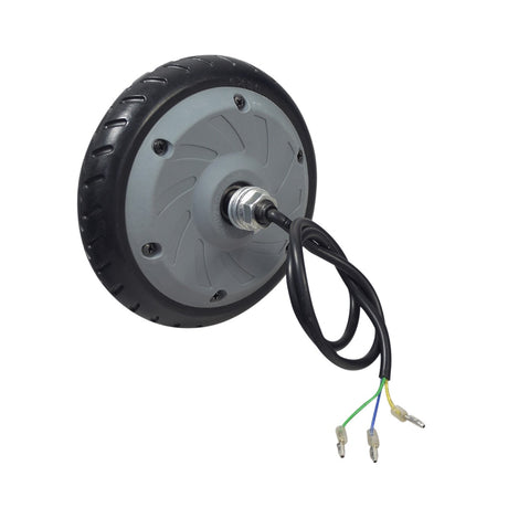 Hub Motor & Rear Wheel Assembly for the GOTRAX GKS Electric Scooter showing wires, black cable, bolt, and nut attached to the wheel.