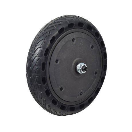 350 Watt Hub Motor & Front Wheel Assembly for the Hiboy® S2 Electric Scooter, featuring an 8-1/2x2 solid rubber tire, metal nut, and bolt, designed for efficient pavement riding.