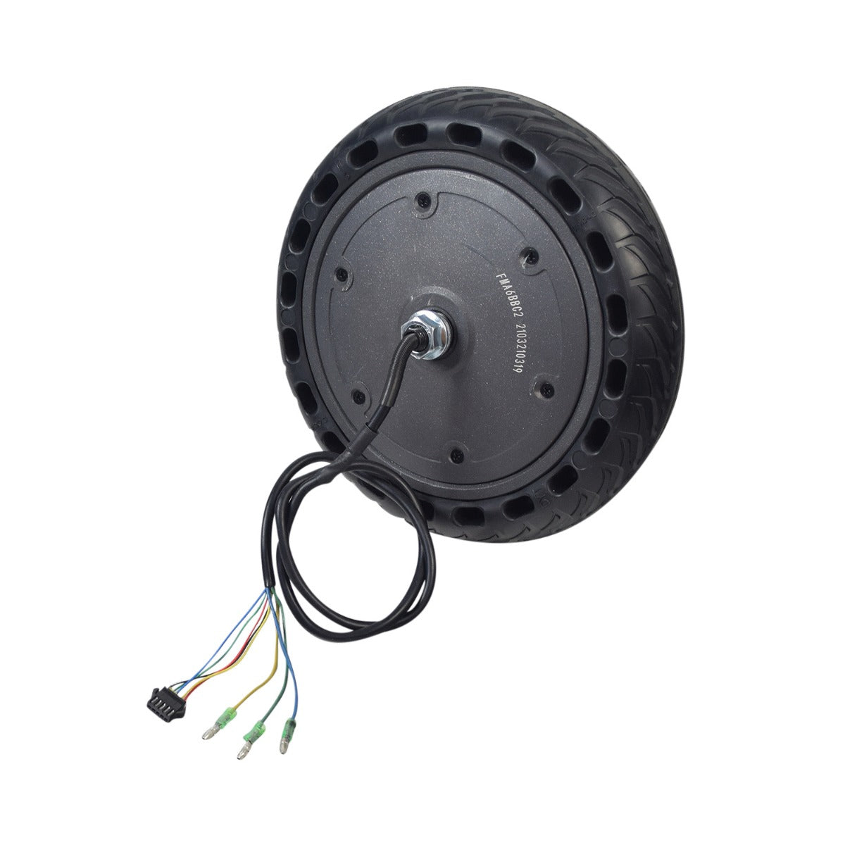 350 Watt Hub Motor & Front Wheel Assembly for the Hiboy® S2 Electric Scooter, showcasing an 8-1/2 x 2 solid rubber tire, attached wires, and connectors.