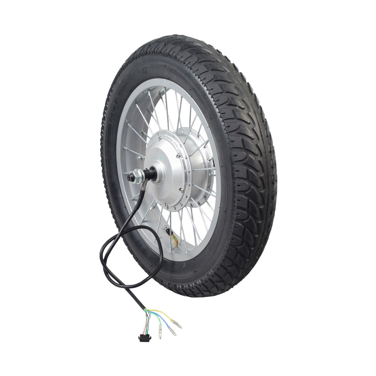 Rear Wheel Assembly with 36 Volt Hub Motor for the Razor Rambler 16 Electric Mini Bike, featuring a wire-spoke rim, brake assembly, axle, inner tube, and a 16x3.55 pneumatic tire.