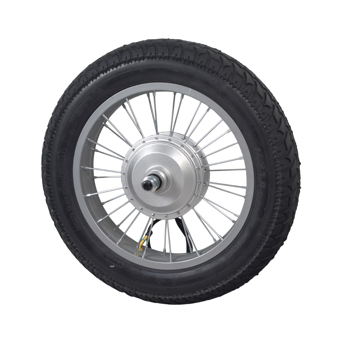 Rear Wheel Assembly with 36 Volt Hub Motor for the Razor Rambler 16 Electric Mini Bike, featuring a wire-spoke rim, brake assembly, axle, and a 16x3.55 pneumatic tire.