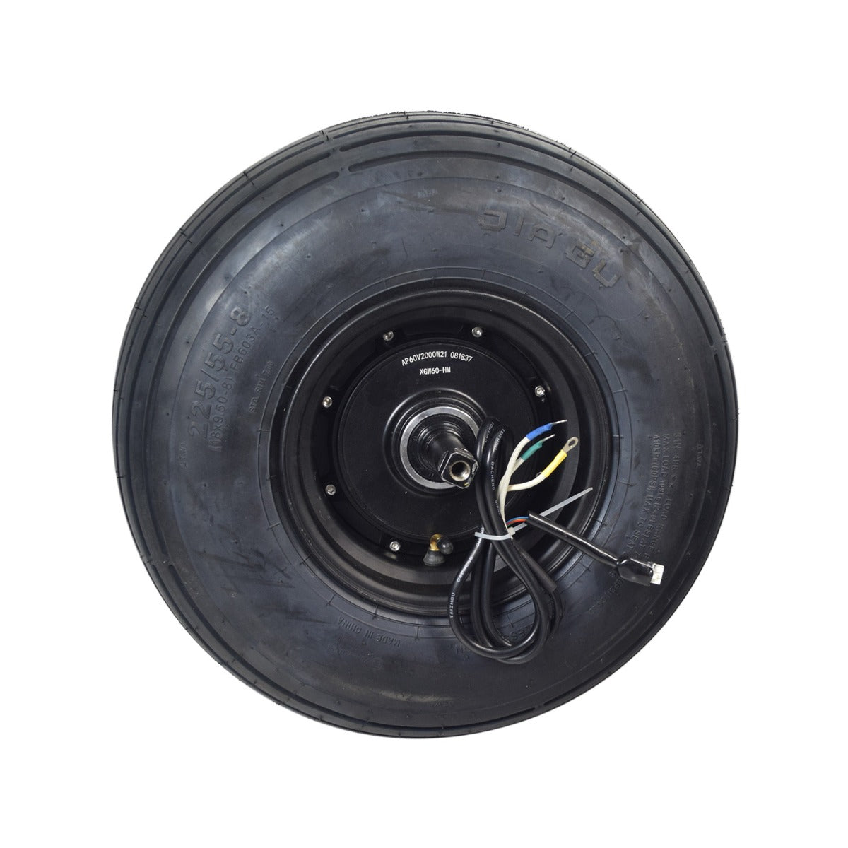 60 Volt 1500 Watt Hub Motor & 18x9.50-8 Wheel Assembly for Fat Tire Scooters featuring a black tire with connected wires, showcasing the complete pre-assembled unit including axle and hardware.