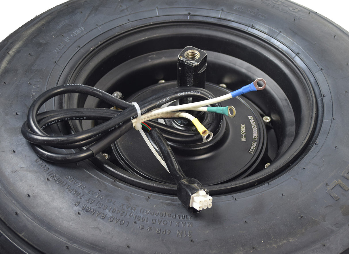 Rear Wheel & Hub Motor Assembly for the MotoTec MT-FatTire 2000 Electric Scooter, showing the black tire, hub motor, axle, wiring cables, and pre-assembled hardware.