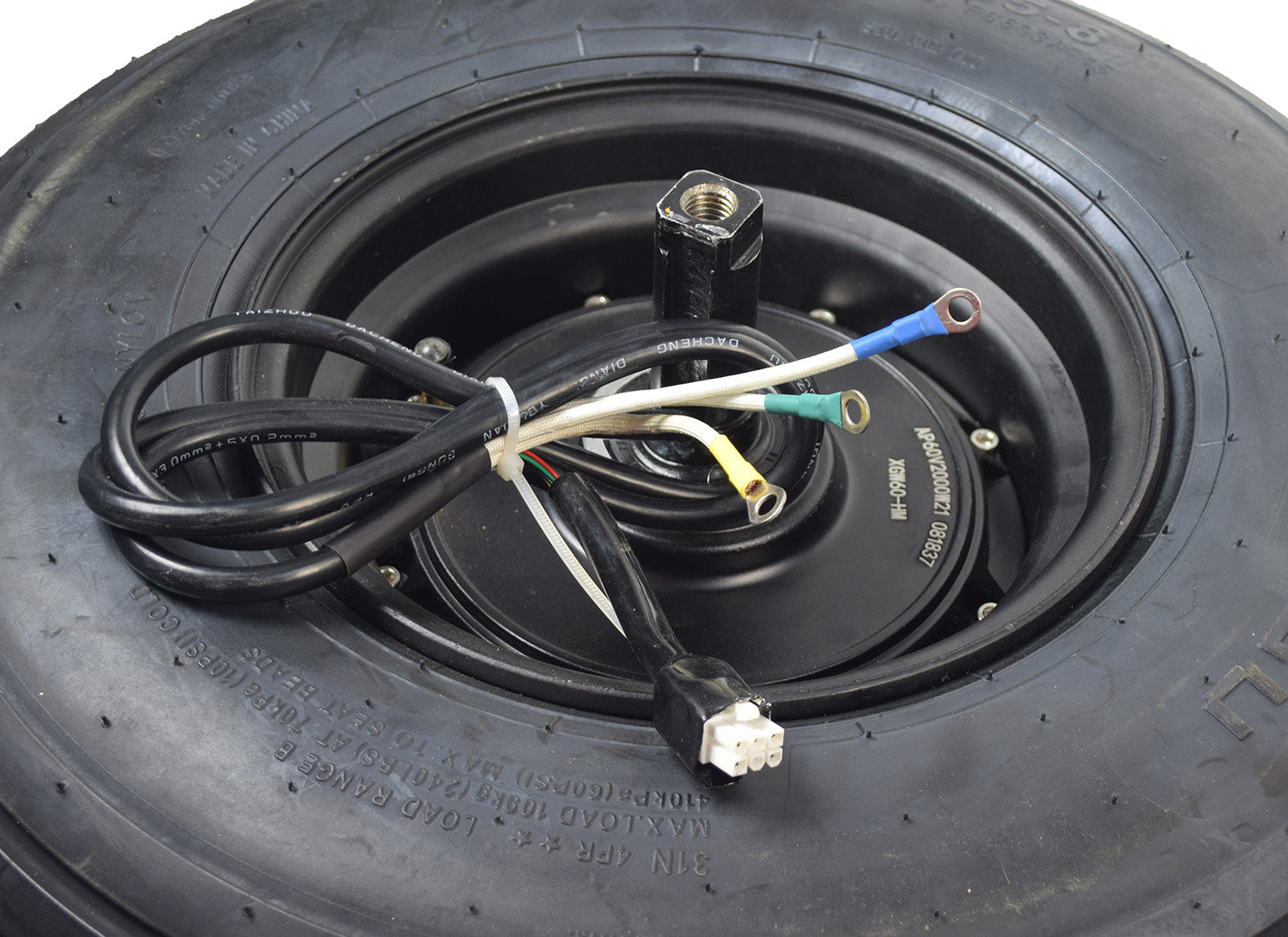 60 Volt 1500 Watt Hub Motor & 18x9.50-8 Wheel Assembly for Fat Tire Scooters, featuring a black tire, hub motor, axles, and visible wiring cables pre-assembled for easy replacement.