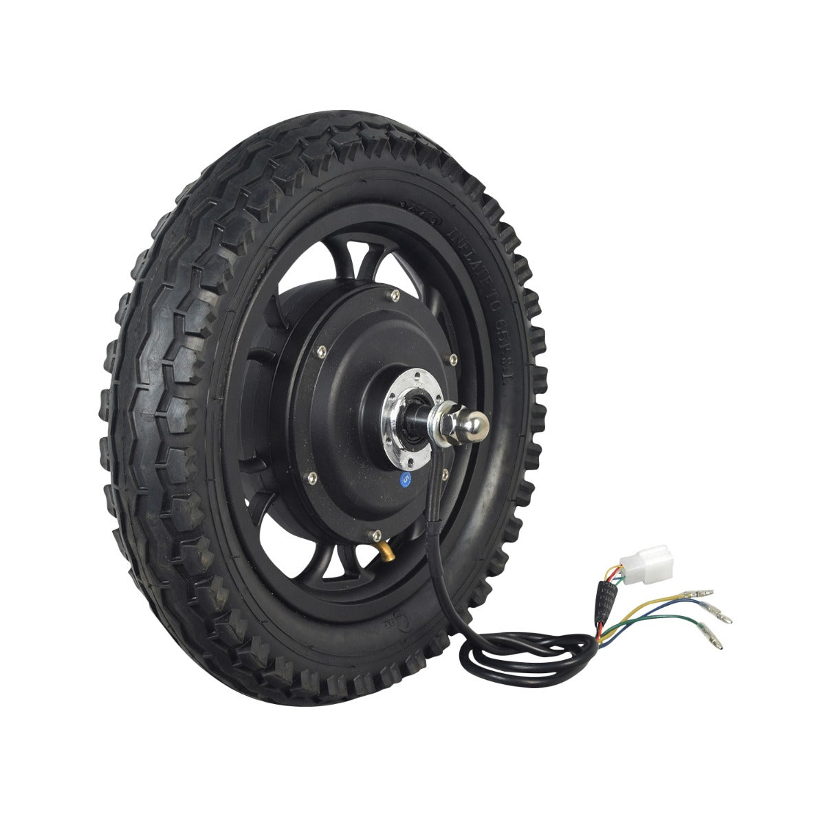 36 Volt Rear Wheel & Hub Motor for the Hover-1 H1 TRAK Electric Dirt Bike, featuring a 12-1/2x2.50 pneumatic tire, 27 9-wire harness, axle, and hardware.