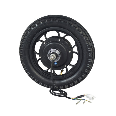 36 Volt Rear Wheel & Hub Motor for the Hover-1 H1 TRAK Electric Dirt Bike, featuring a black tire, metal hub, and attached wires, designed for easy replacement and complete with a 9-wire harness.