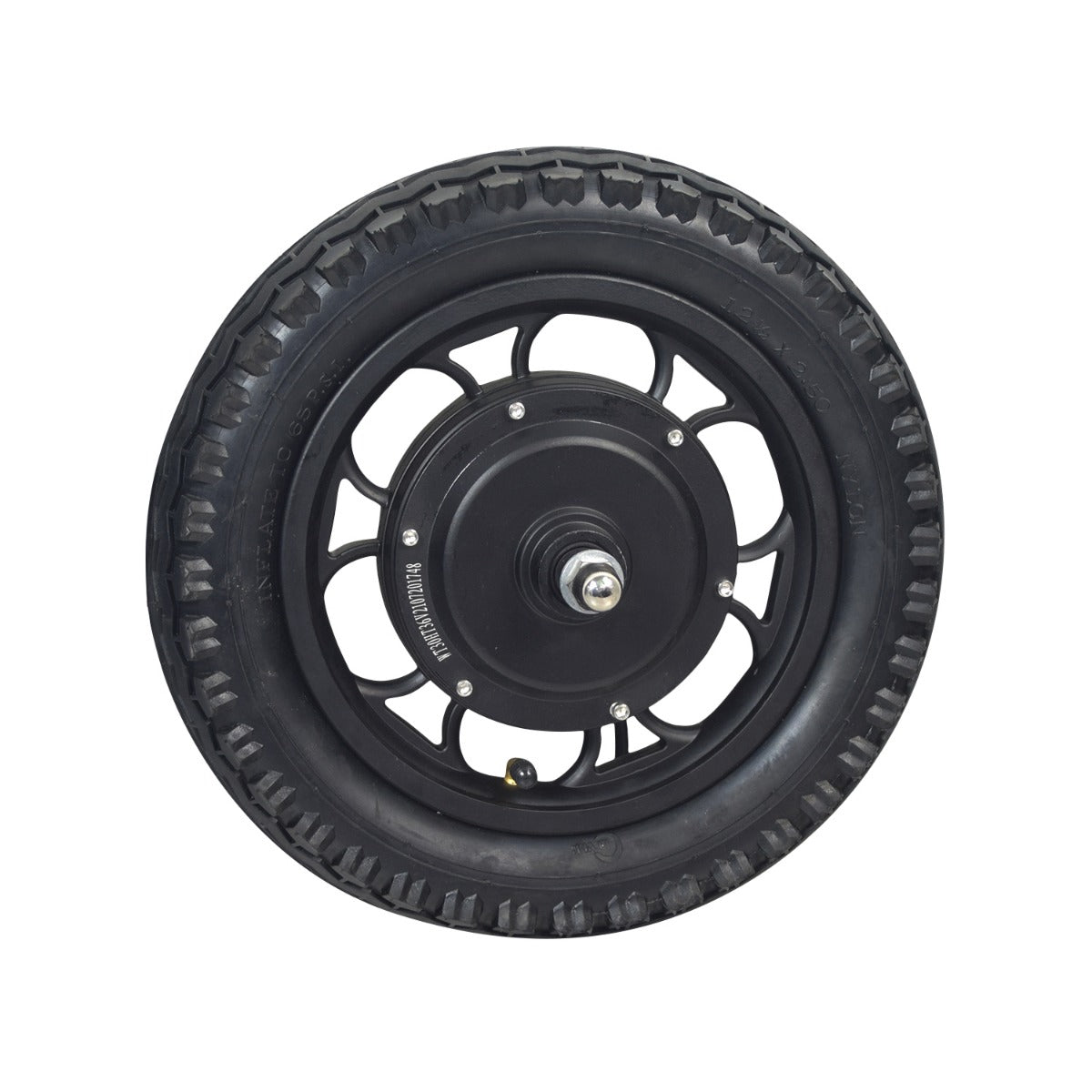 36 Volt Rear Wheel & Hub Motor for the Hover-1 H1 TRAK Electric Dirt Bike, featuring a black tire with a metal wheel, visible axle, and hardware components.