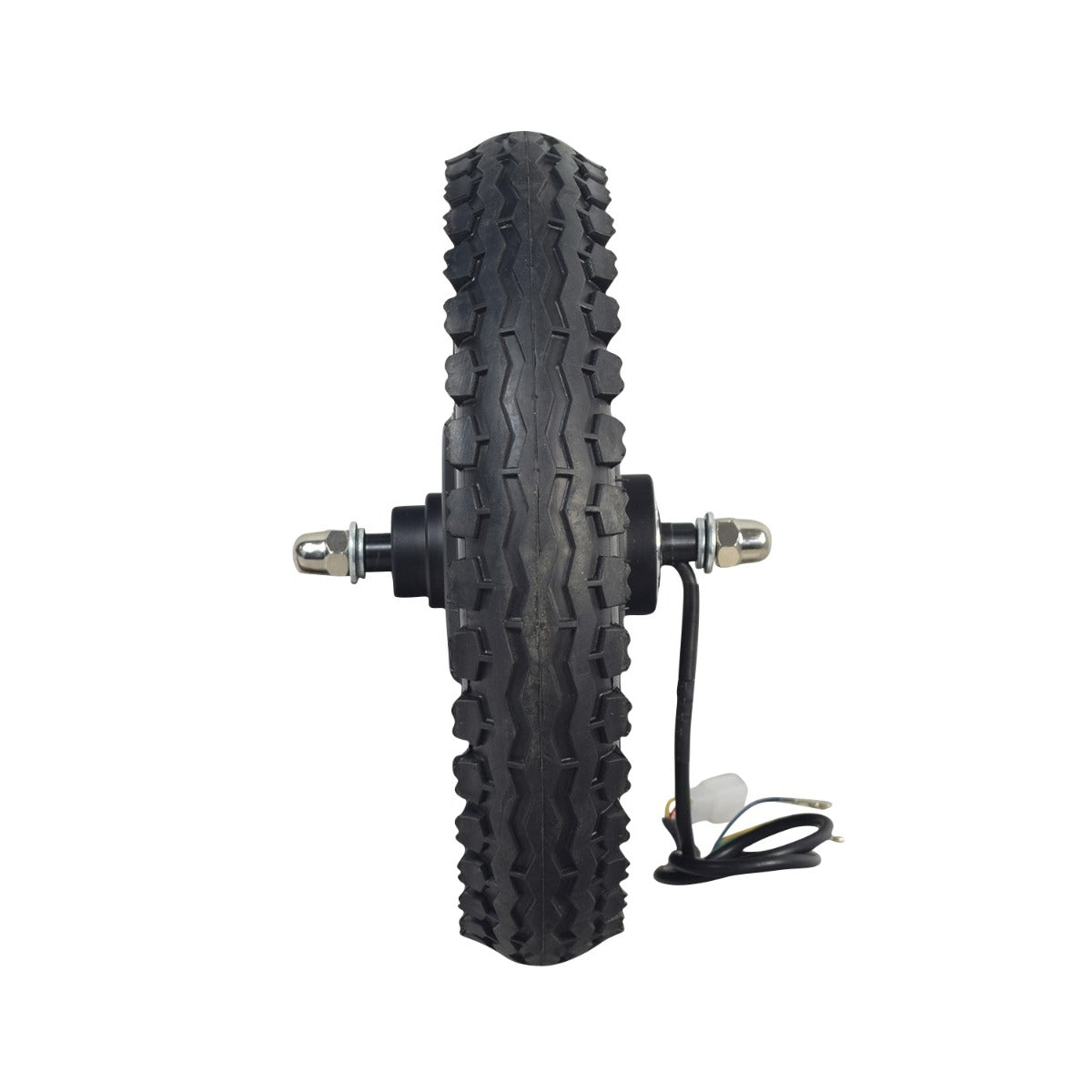 36 Volt Rear Wheel & Hub Motor for Hover-1 H1 TRAK Electric Dirt Bike, featuring a 12-1/2x2.50 pneumatic tire, visible 9-wire harness, and axle, ideal for easy replacement.