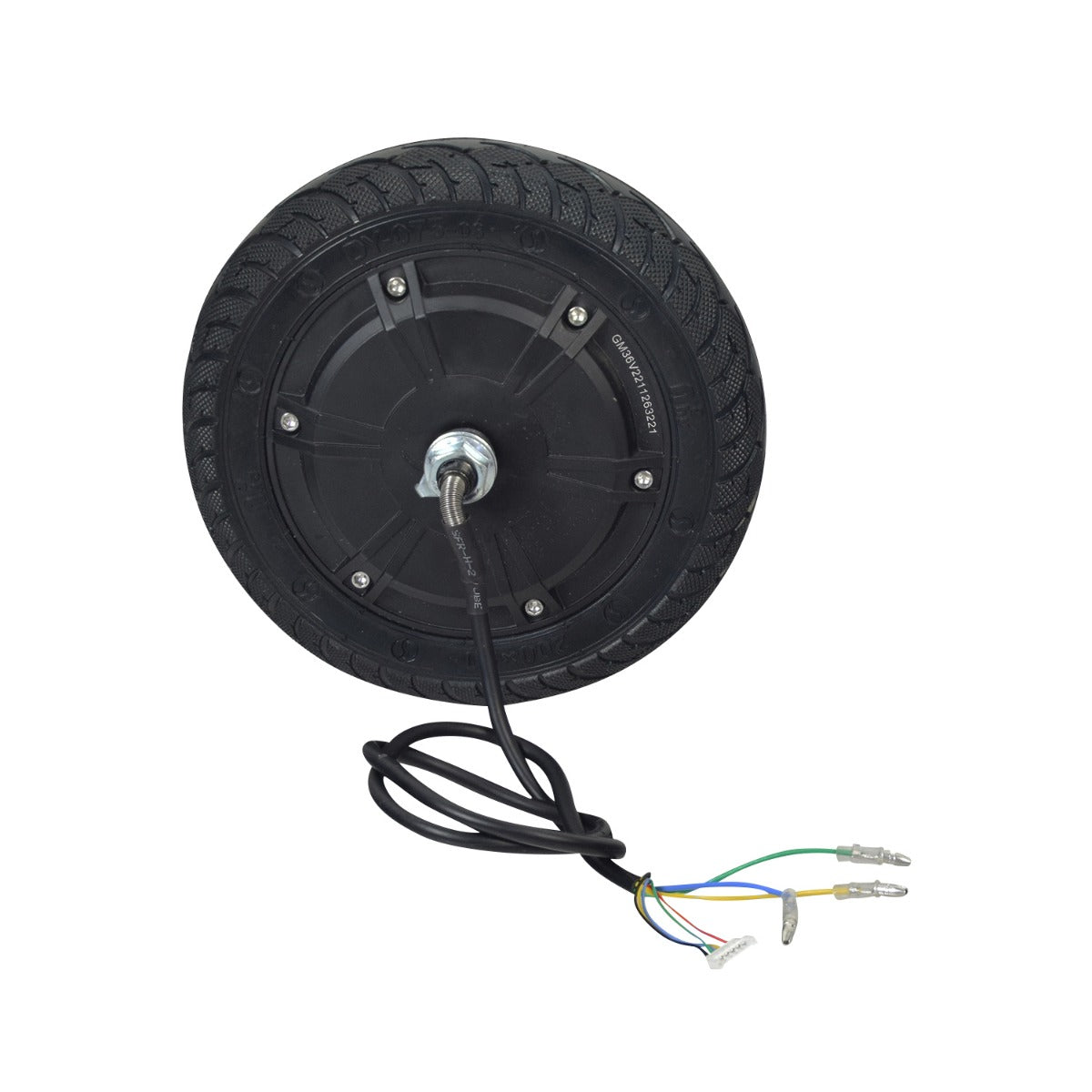 36 Volt Hub Motor & Rear Wheel Assembly for the Megawheels S10 Electric Scooter, featuring a black wheel with attached wires and a harness, axle, nuts, and washers for easy replacement.