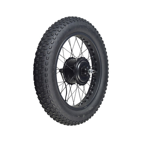 20x4.0 Rear Wheel Assembly with 350W Hub Motor for the Swagtron EB6 Bandit Fat Tire Electric Bike, featuring a black tire with directional knobby tread, spokes, and an integrated 7-speed freewheel assembly.