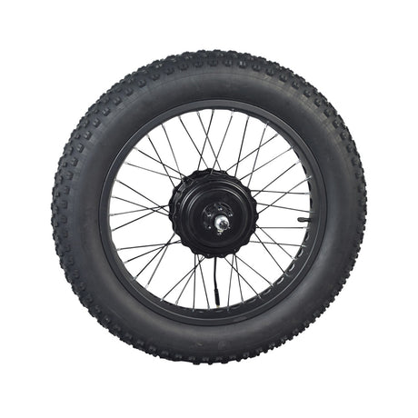 20x4.0 Rear Wheel Assembly with 350W Hub Motor for the Swagtron EB6 Bandit Fat Tire Electric Bike, featuring a pneumatic knobby tire, spokes, and a 7-speed freewheel, fully assembled.