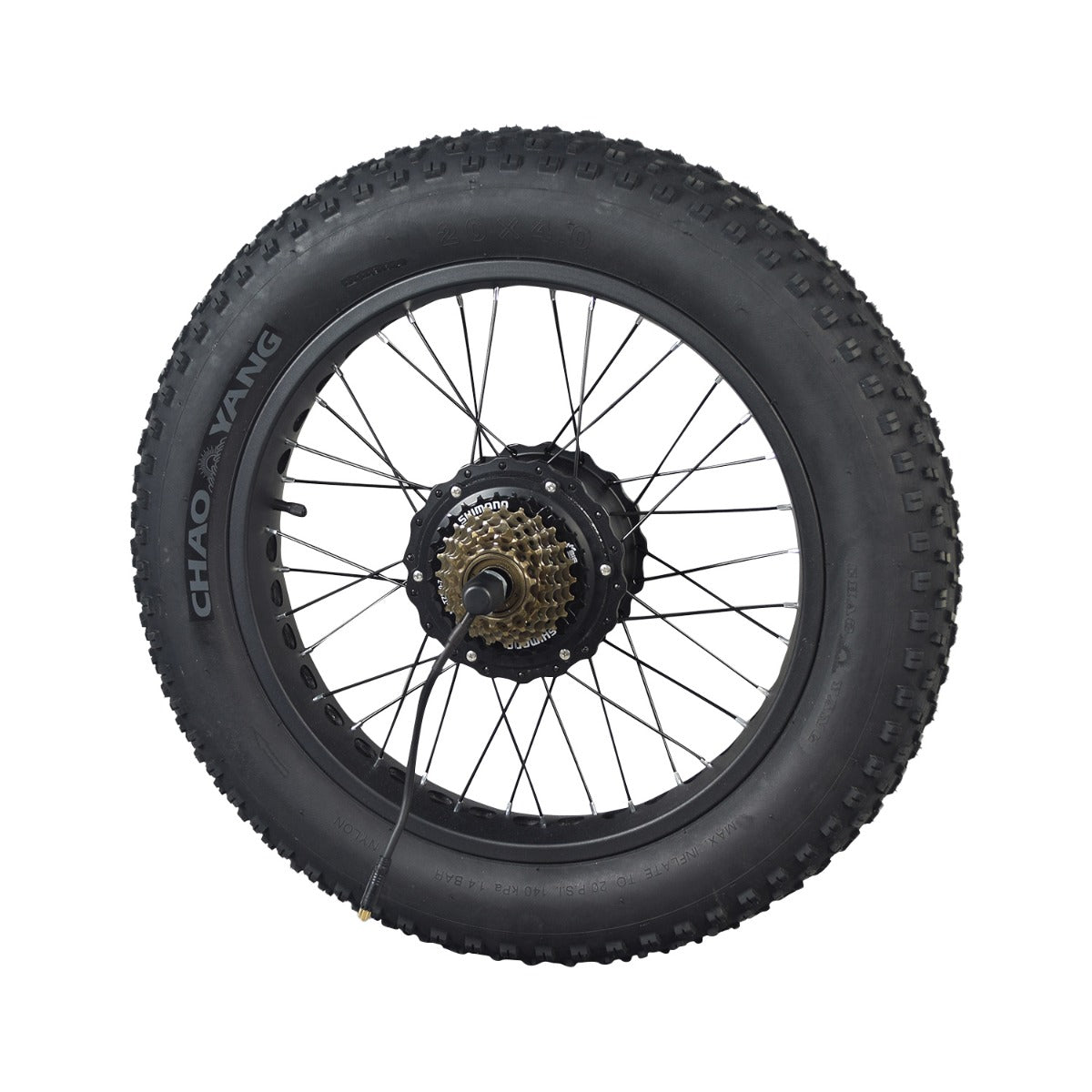 20x4.0 Rear Wheel Assembly with 350W Hub Motor for the Swagtron EB6 Bandit Fat Tire Electric Bike, featuring a black tire with knobby tread, black spokes, and an integrated 7-speed freewheel assembly.