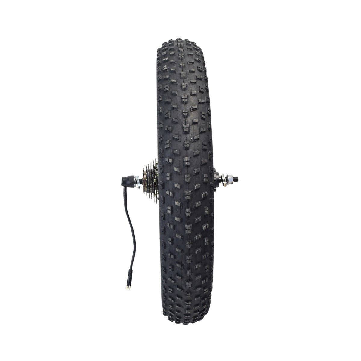 20x4.0 Rear Wheel Assembly with 350W Hub Motor for the Swagtron EB6 Bandit Fat Tire Electric Bike, featuring a knobby tread tire, 16-1/2 rim, and integrated 7-speed freewheel.