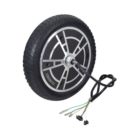 Front Wheel Assembly with Hub Motor for the Swagtron Swagger 5 Elite Folding Electric Scooter, featuring an 8.5x2 solid tire and integrated wiring harness attached to the hub motor.