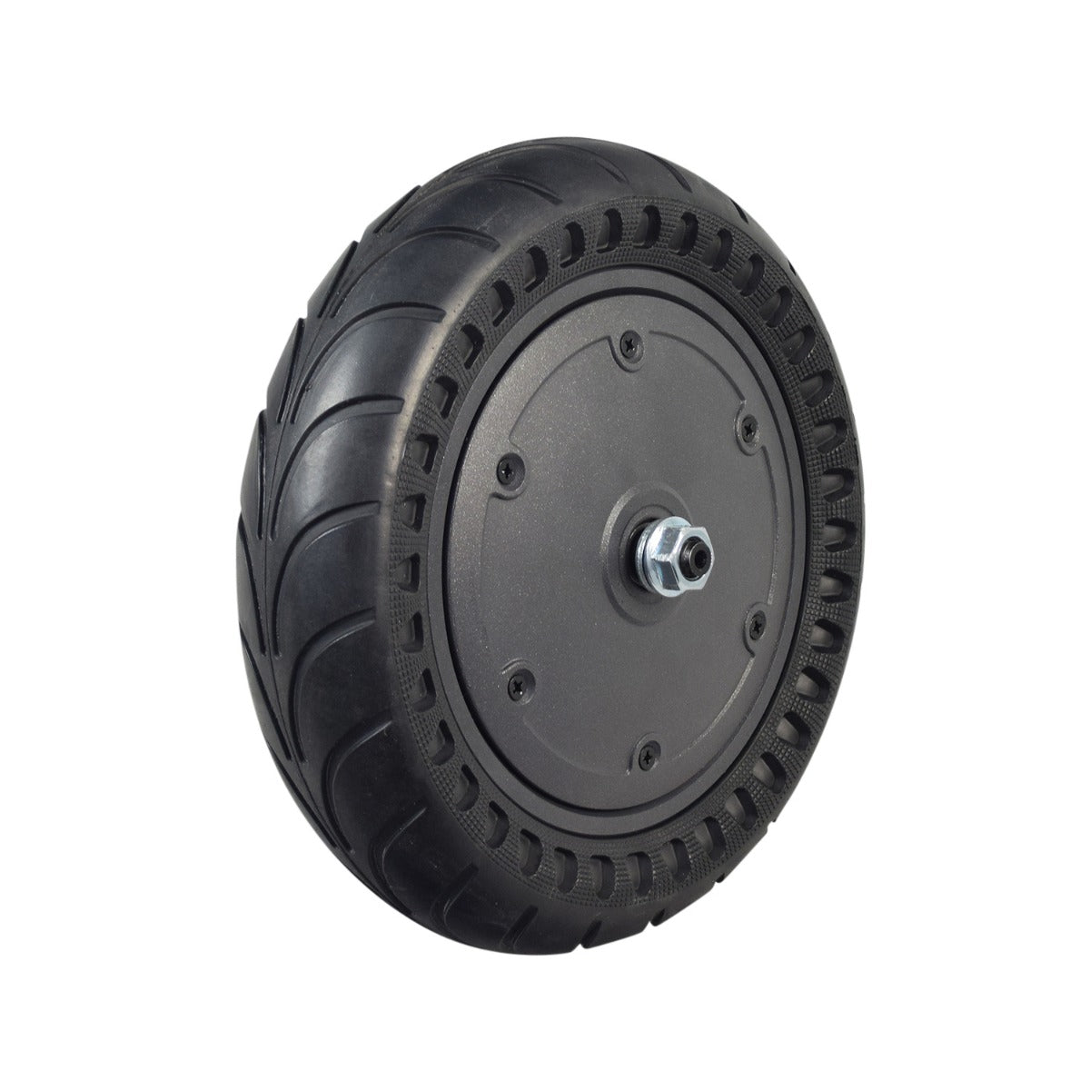 500 Watt Hub Motor & Front Wheel Assembly for the Hiboy® S2 Pro Electric Scooter, featuring a solid rubber tire, visible tread, metal axle, and attached nut, ideal for pavement surfaces.