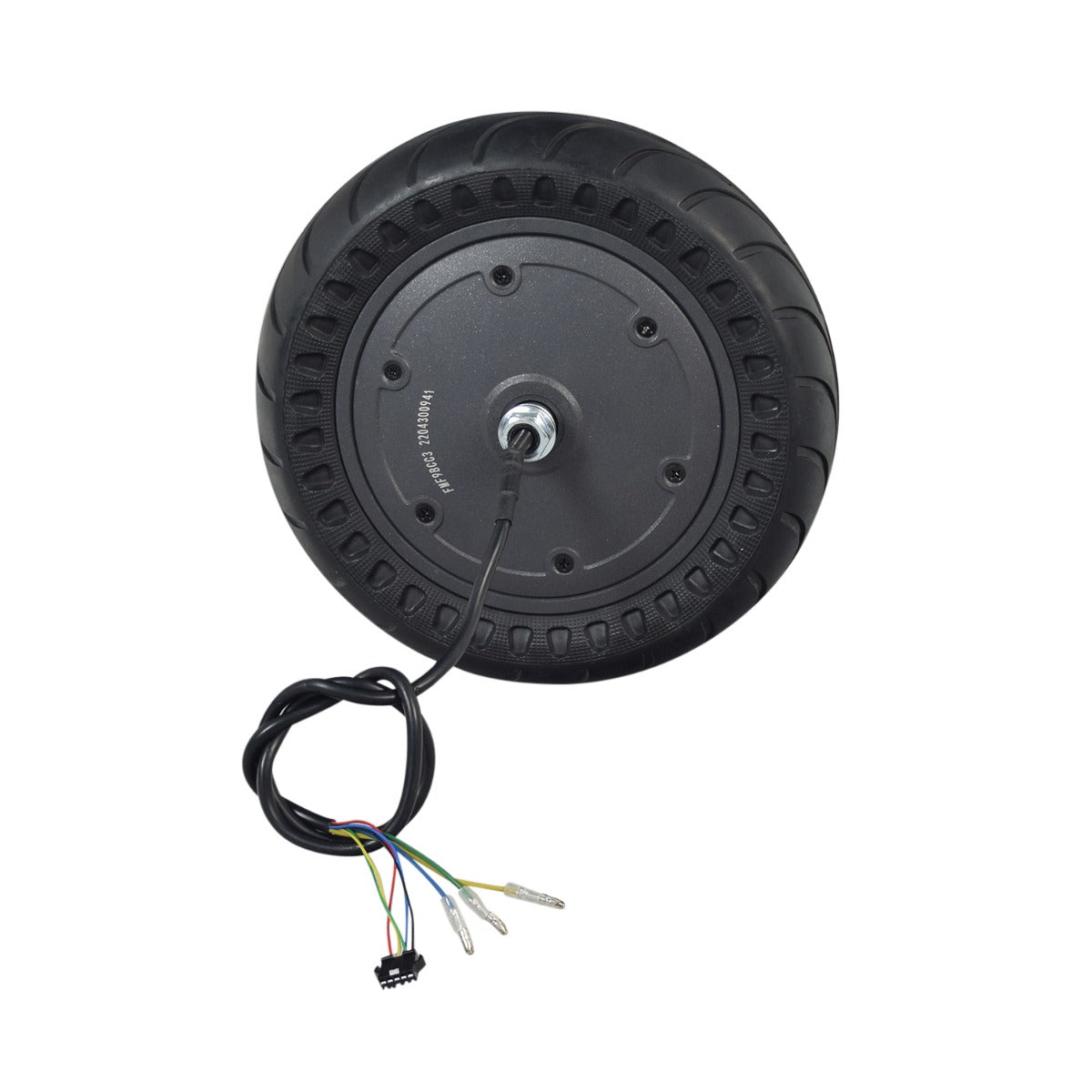 500 Watt Hub Motor & Front Wheel Assembly for the Hiboy® S2 Pro Electric Scooter, featuring a 10 solid rubber tire, visible wires, and connector cables, designed for optimal pavement performance.