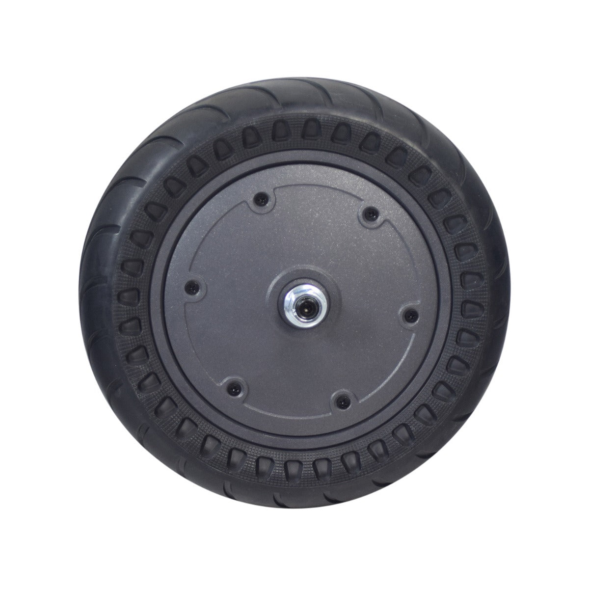 500 Watt Hub Motor & Front Wheel Assembly for the Hiboy® S2 Pro Electric Scooter, showcasing a black 10 solid rubber tire with tread, metal hub center, and attached axle, nuts, and 8-wire harness.