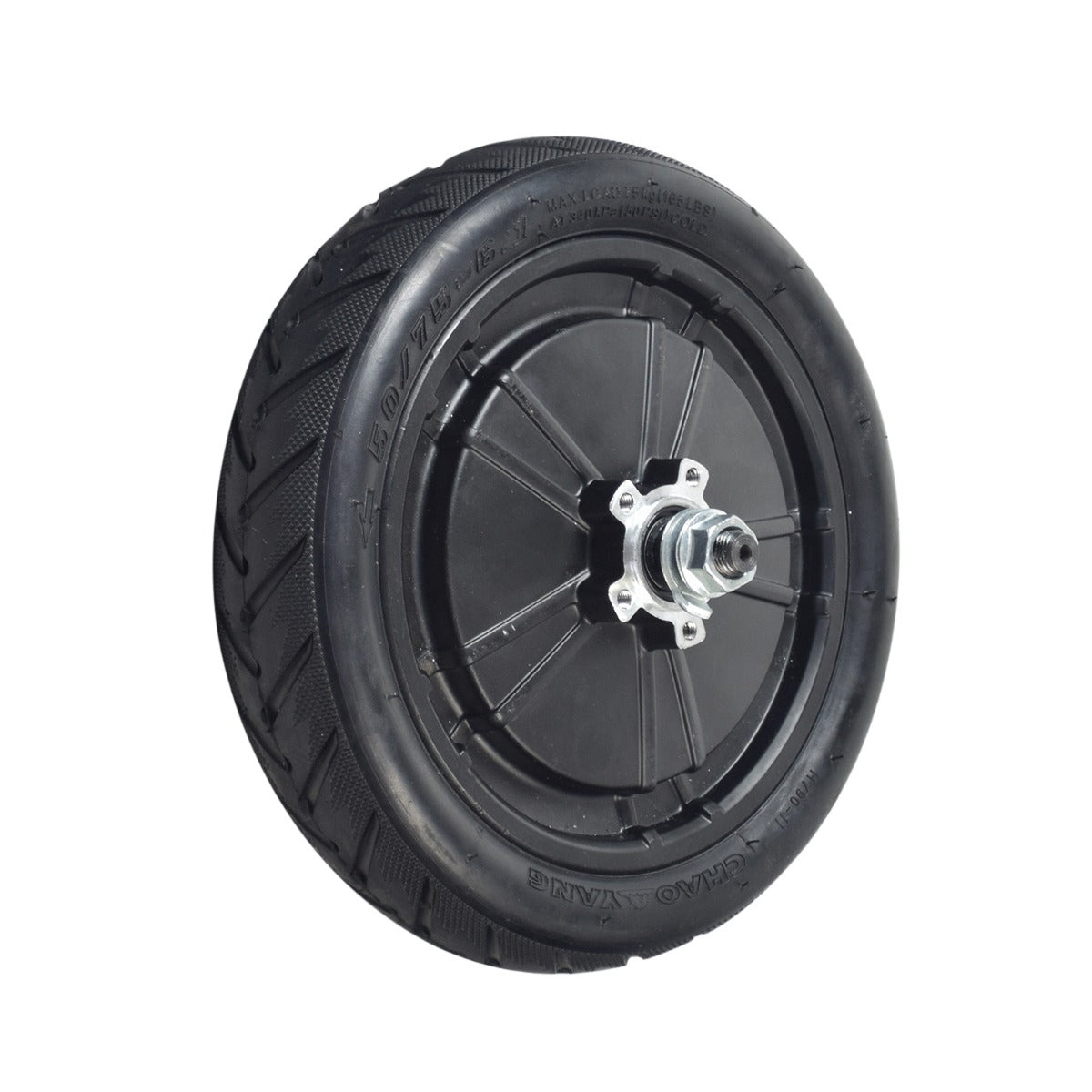 250 Watt Hub Motor & Rear Wheel Assembly for GOTRAX Apex, Apex LE, & Apex XL Electric Scooters, featuring a black wheel with a metal nut, inner tube, and pneumatic tire with low-siped tread.