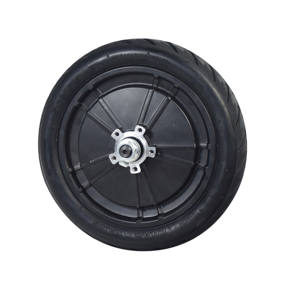 250 Watt Hub Motor & Rear Wheel Assembly for GOTRAX Apex, Apex LE, & Apex XL Electric Scooters, showing a black wheel with a silver hub and metal nut, ideal for city pavement.