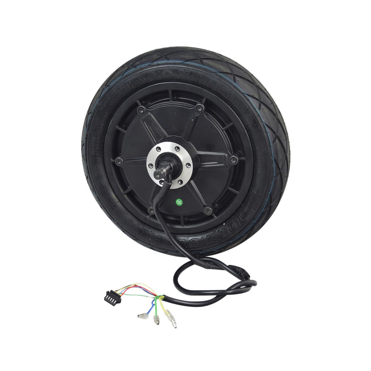 Rear Wheel Assembly with Hub Motor for the Jetson® LX10 Folding Electric Bicycle, showing the black tire, hub motor, and connected wiring harness with multiple colored wires and connectors.