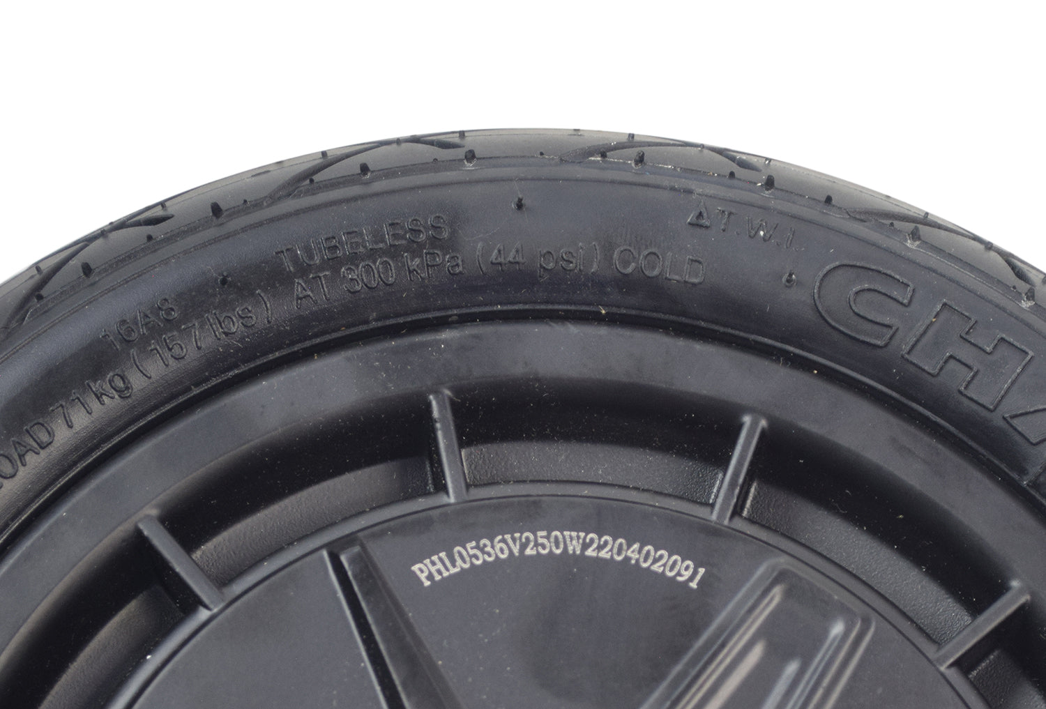 Close-up of the Rear Wheel Assembly with Hub Motor for the Jetson® LX10 Folding Electric Bicycle, showcasing the tread pattern of a tubeless pneumatic tire and part of the hub motor.