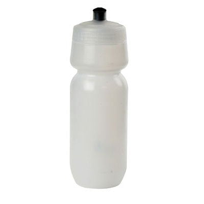 California Springs Bio Green Xtreme Water Bottle, a white plastic sports bottle with a white cap, made from squeezable FDA-approved LDPE plastic, perfect for hydration during active pursuits. Available in 24 oz. or 28 oz. capacity.