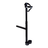 Cane Holder for ActiveCare & Drive Medical Scooters & Power Chairs, showcasing a black steel frame with a handle and hook-and-loop fasteners, designed to mount on the rear of scooter seats.