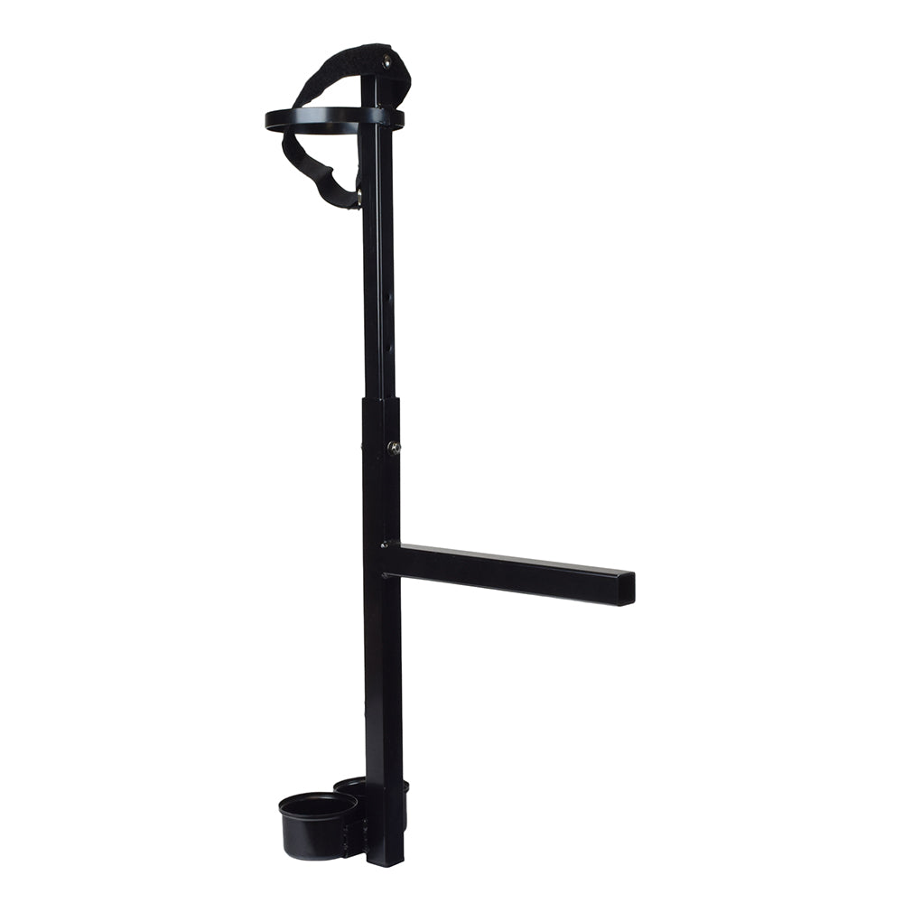 Cane Holder for ActiveCare & Drive Medical Scooters & Power Chairs: A black metal object with a handle, designed to securely hold canes or crutches, easily mounts to the rear seat frame with hook-and-loop fasteners.