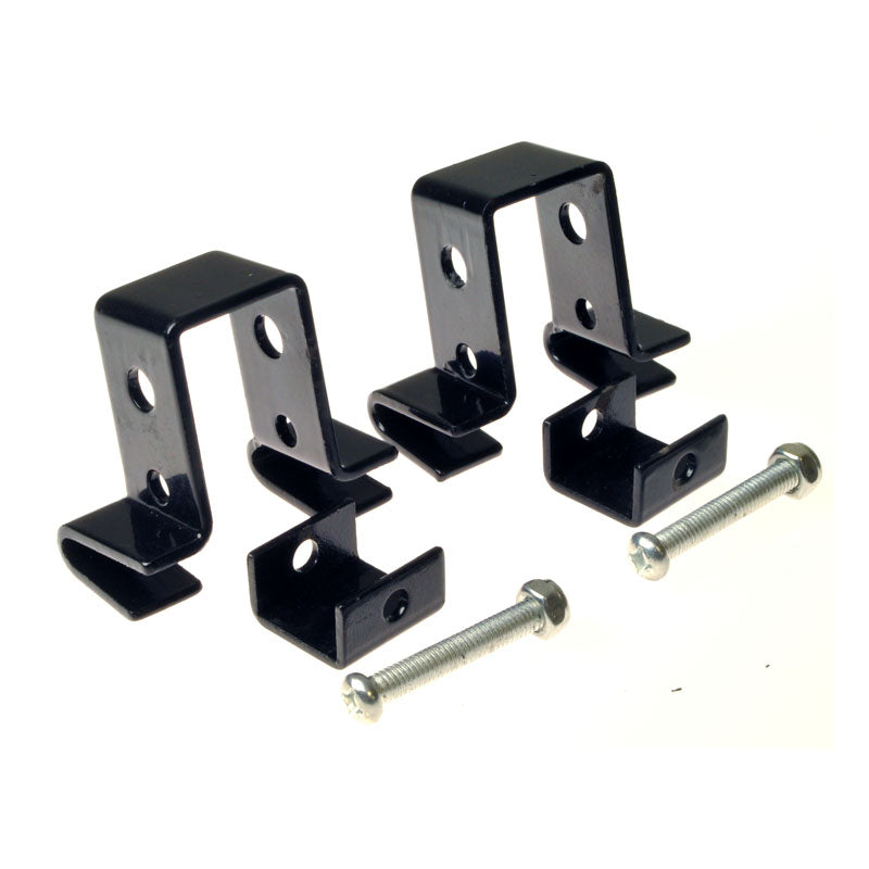 Cane & Crutch Holder Assembly for Jazzy Power Chairs with Limited Recline Seating, featuring a set of black metal brackets and accompanying screws for secure attachment.