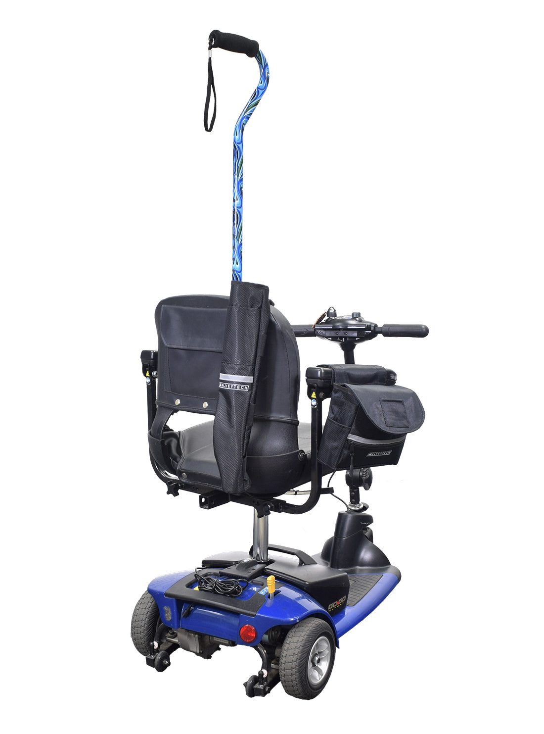 Universal Cane Holder & Saddle Bag Combination for Mobility Scooters, Power Chairs, & Wheelchairs; features a black handle, blue scooter, and attached black nylon saddle bag with multiple compartments.