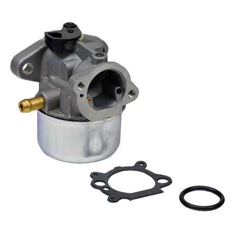 Close-up of Carburetor 498170 for Briggs & Stratton 124000 Engines, featuring a black rubber gasket and O-ring, essential for garden tractors and ride-on lawn mowers.