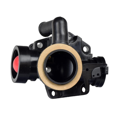 Carburetor 498809 for Briggs & Stratton Engines featuring a black body with a prominent red circular component in the center, designed for small 4-stroke engines like lawn mowers.