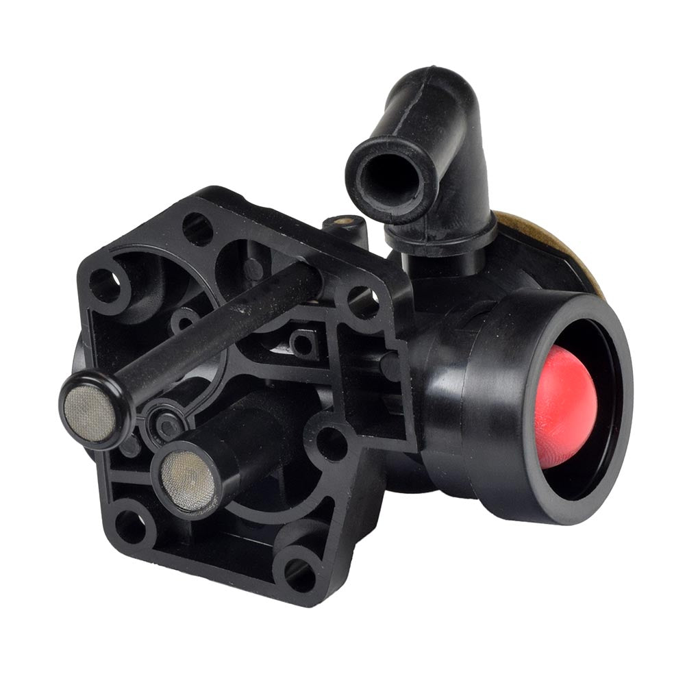 Carburetor 498809 for Briggs & Stratton Engines; features a red ball inside a black tube, black plastic components, and includes gaskets and mounting bolts.