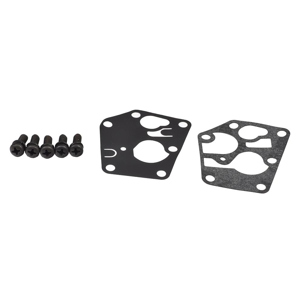 Carburetor 498809 for Briggs & Stratton Engines, shown with included gaskets and mounting bolts. The image highlights a black metal gasket with holes and screws for engine installation.