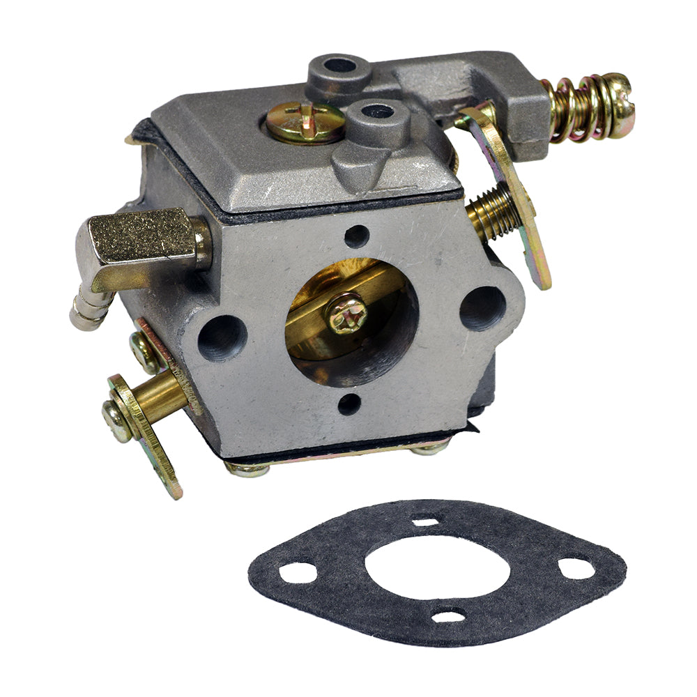 Carburetor 640347A for Tecumseh TM049XA Engine, shown with gasket and metal components, including visible screws and bolt. Suitable for lawn mowers and other small engine applications.