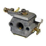 Carburetor 640347A for Tecumseh TM049XA Engine, showing a metal object with screws, designed as a high-quality replacement part for small engines, commonly used in lawn mowers. Gasket included.