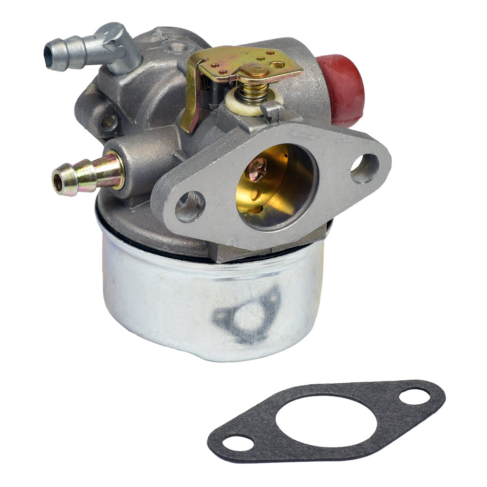 Carburetor 640017B for Tecumseh OHH45 & OHH50 Engines, shown with gasket and red cap, highlighting key features for lawn mowers and DIY go-kart projects.