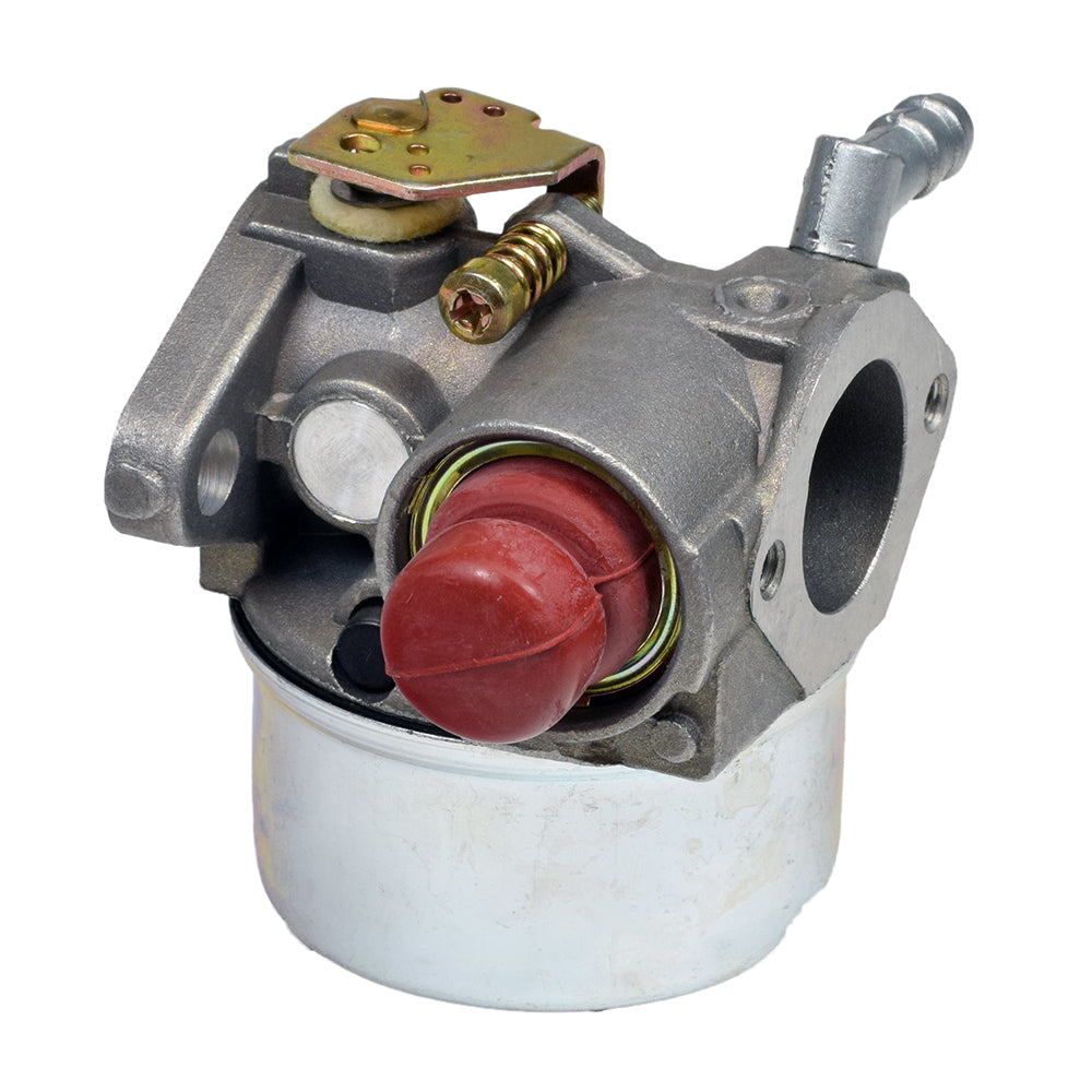 A close-up of the Carburetor 640017B for Tecumseh OHH45 & OHH50 Engines, highlighting its metal components, including a cylinder and silver hose, essential for lawn mowers and go-kart projects.