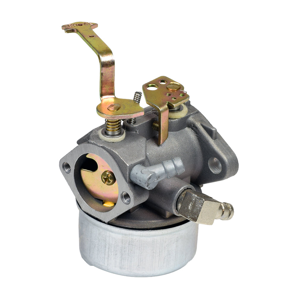 Close-up of Carburetor 640152, 640023, 640051, 640140 for Tecumseh HM80 & HM100, showcasing its metal cylinder and 90-degree elbow connector.