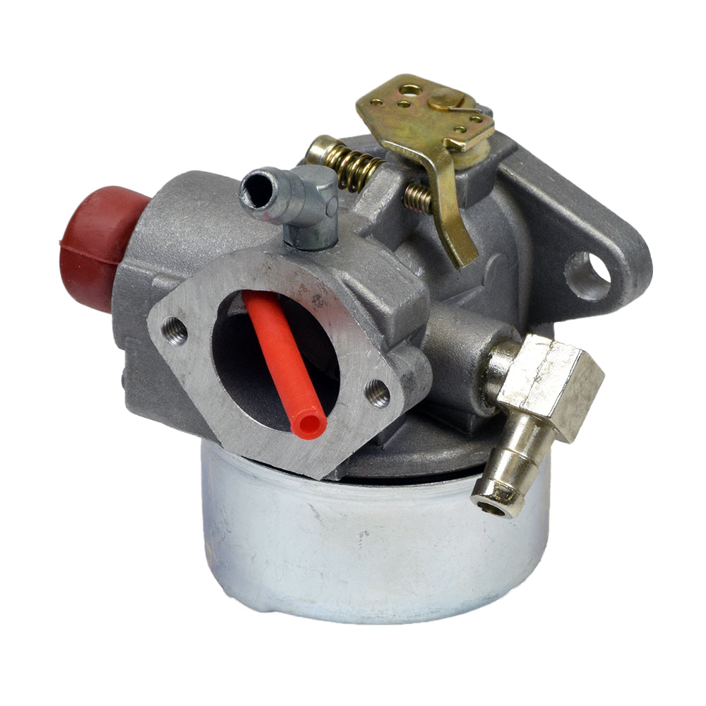 Carburetor 640262 for 6.75 HP Tecumseh LAV100, LAV115, & LAV120 Engines; close-up of the carburetor with visible metal pipes, valves, and red components, showcasing intricate engine parts.