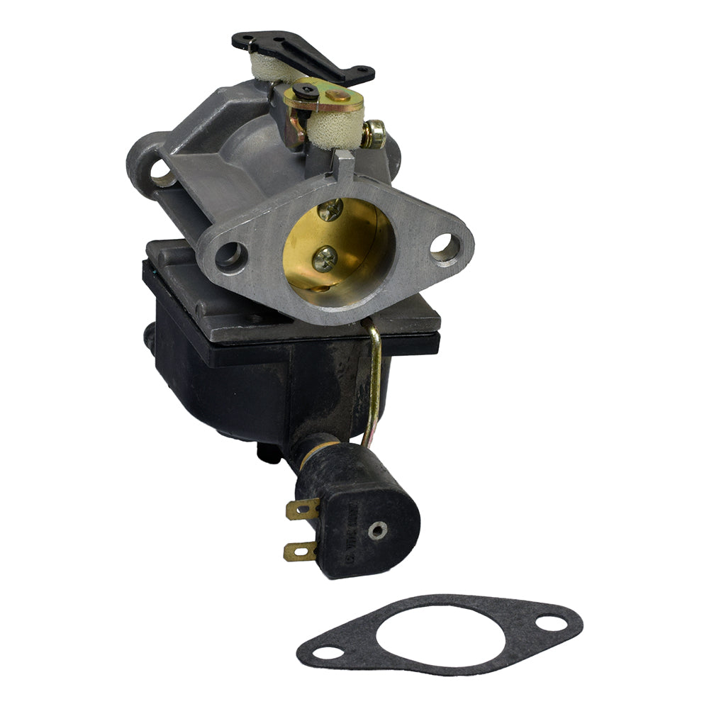 Carburetor 640330A with Solenoid for Tecumseh OHV140, OHV170, OHV175, OHV180, and OV490 Engines, shown installed with gasket and solenoid, highlighting its compatibility for small engine applications.