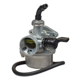 Close-up of a carburetor for 49cc & 72cc ATV & Dirt Bike, compatible with Baja Dirt Runner DR49, DR70, and Warrior WR49, highlighting detailed metal components and black tubing.