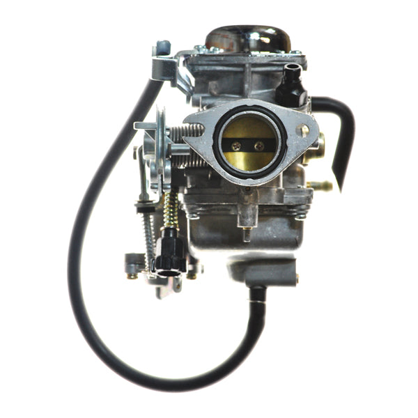 Close-up of a 250cc Carburetor for the Baja Motorsports Phoenix 250 (PX250), showcasing intricate components and detailing, suitable for specific 250cc motorcycles and large gas scooters.