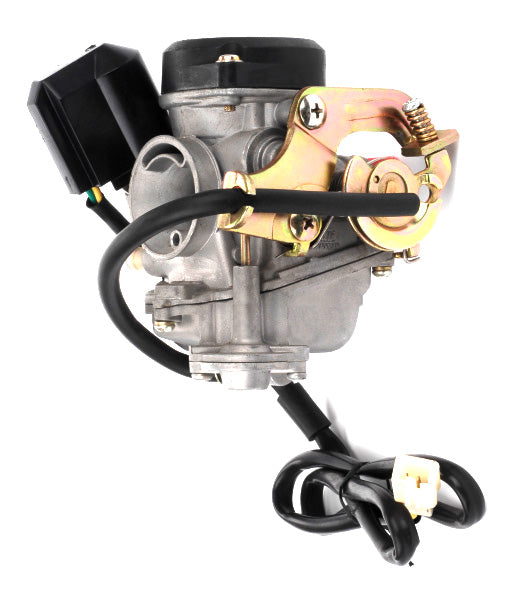 Close-up of a carburetor for the Baja Sun City (SC50) 50cc Scooter, highlighting intricate engine components and detailed design.