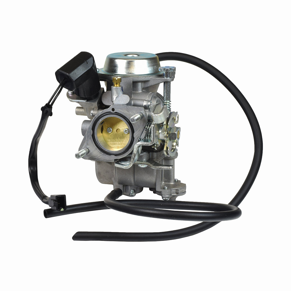 Close-up of a 250cc Carburetor with Automatic Choke for Baja Wilderness Trail 250 (WD250) ATV - VIN Prefix LAPS, showing intricate details and attached cable, suitable for 250cc dirt bikes and ATVs.