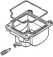 Carburetor Float Chamber for Honda Elite 250 (1985-1988) and Helix CN250 (All Models) (OEM), depicted in a detailed black and white line drawing, showcasing its design and components.