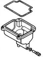 Carburetor Float Chamber for Honda Elite 250 (1989-1990 Models) (OEM), illustrated as a black and white drawing of the rectangular car part.