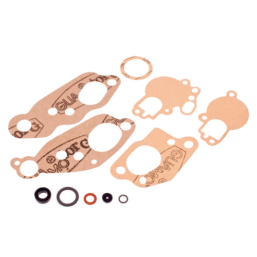 Carburetor Gasket Kit (SI) for Vespa VNB, VBB, VBC, VNC, VLA, VLB, VSE, VSD, VSX, VLNX, showing a variety of gaskets and washers, including 2 base gaskets for 20mm and 24mm units.